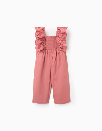 Macacão de popeline com folhos e bordado inglês para bebé menina, rosa