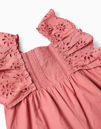 Macacão de popeline com folhos e bordado inglês para bebé menina, rosa