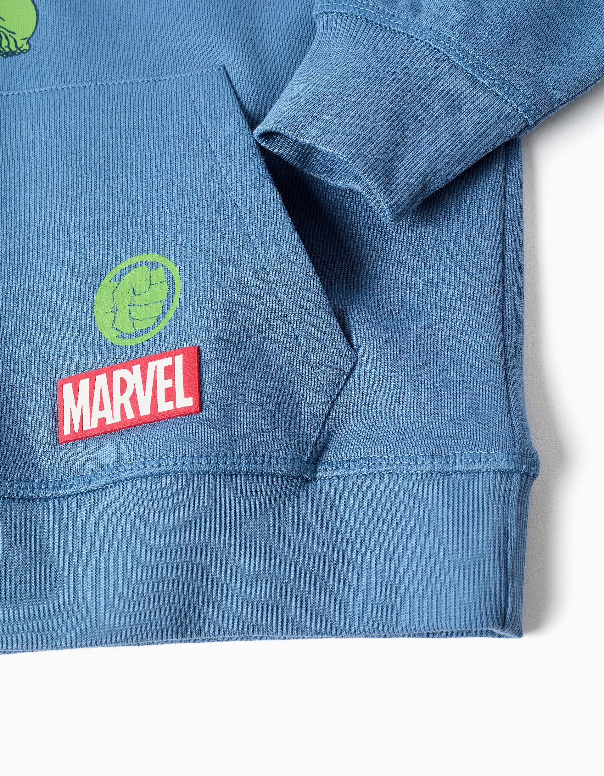 Sweat en coton peigné à capuche et imprimé Hulk pour garçon, bleu