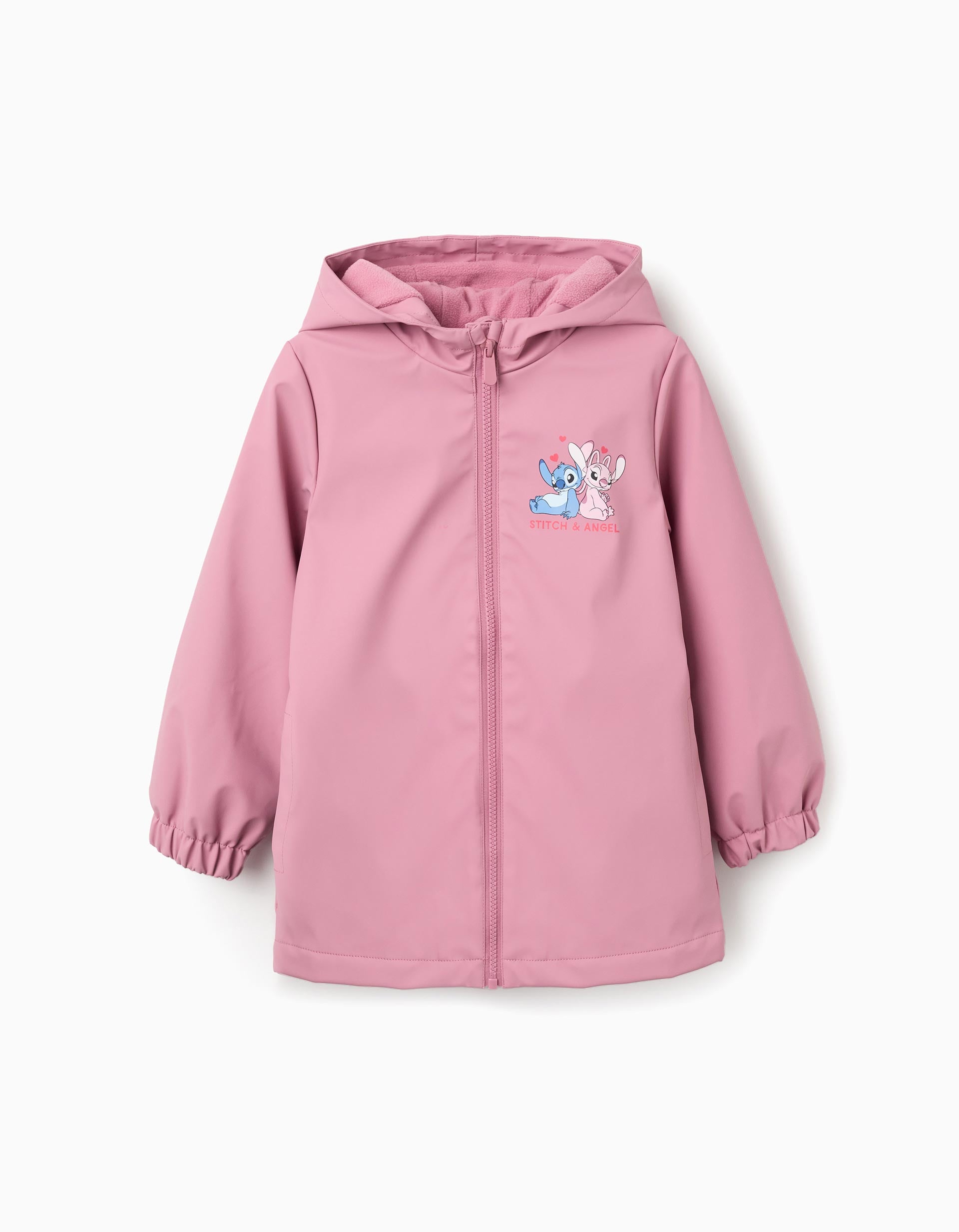 Parka en caoutchouc à capuche et imprimé Stitch pour fille, rose