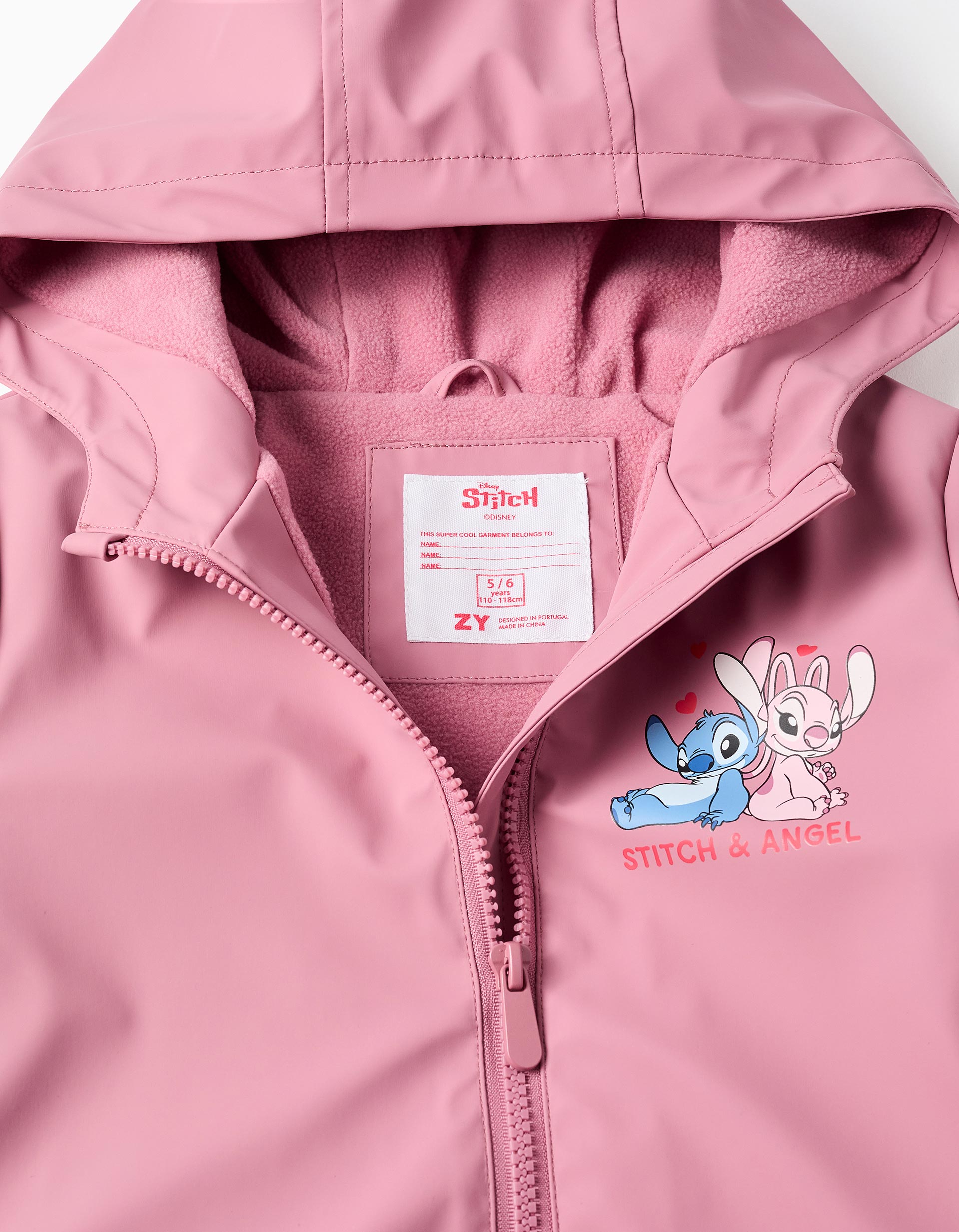 Parka en caoutchouc à capuche et imprimé Stitch pour fille, rose