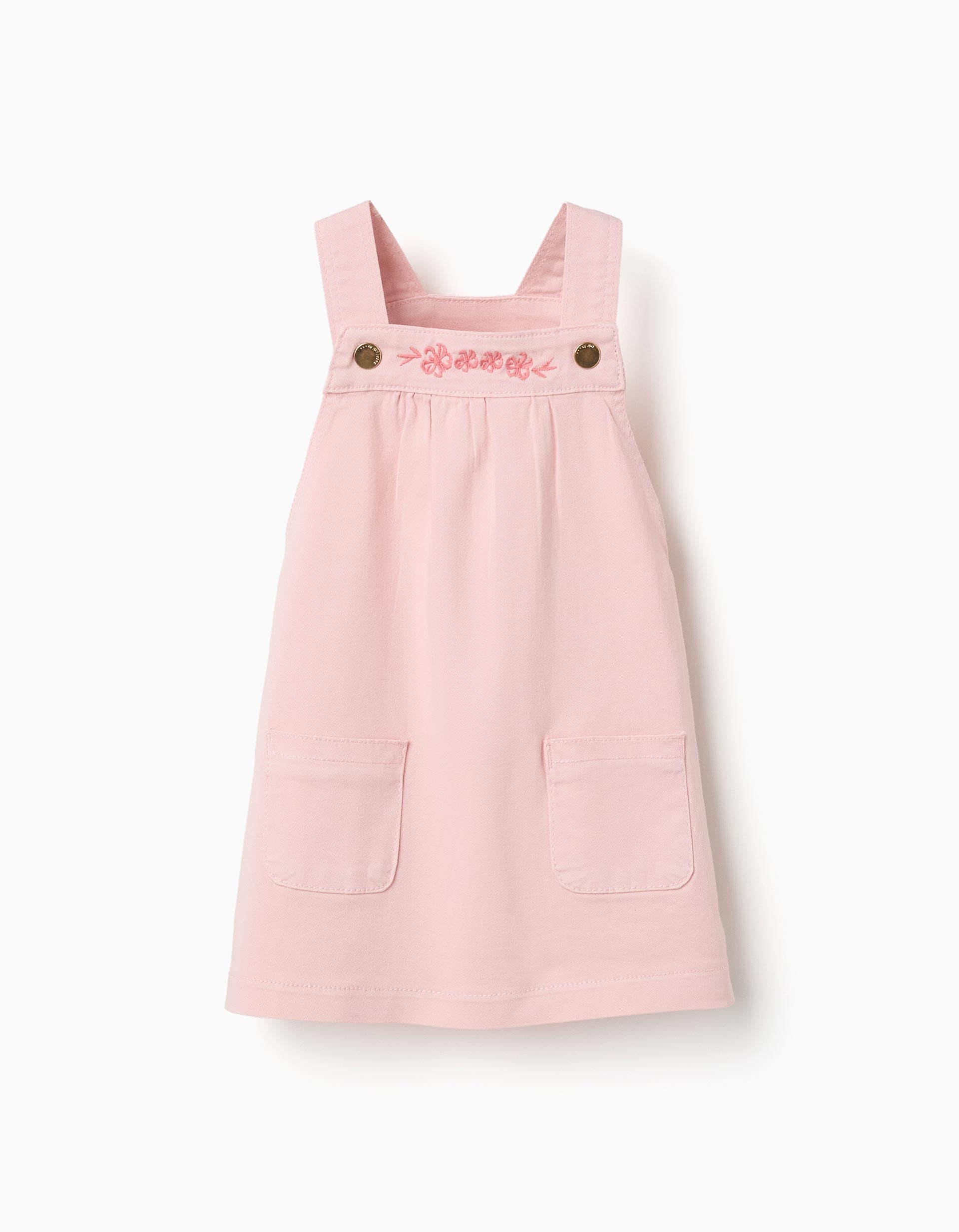 Twill pinafore dress with embroidered flowers for baby girls, pink