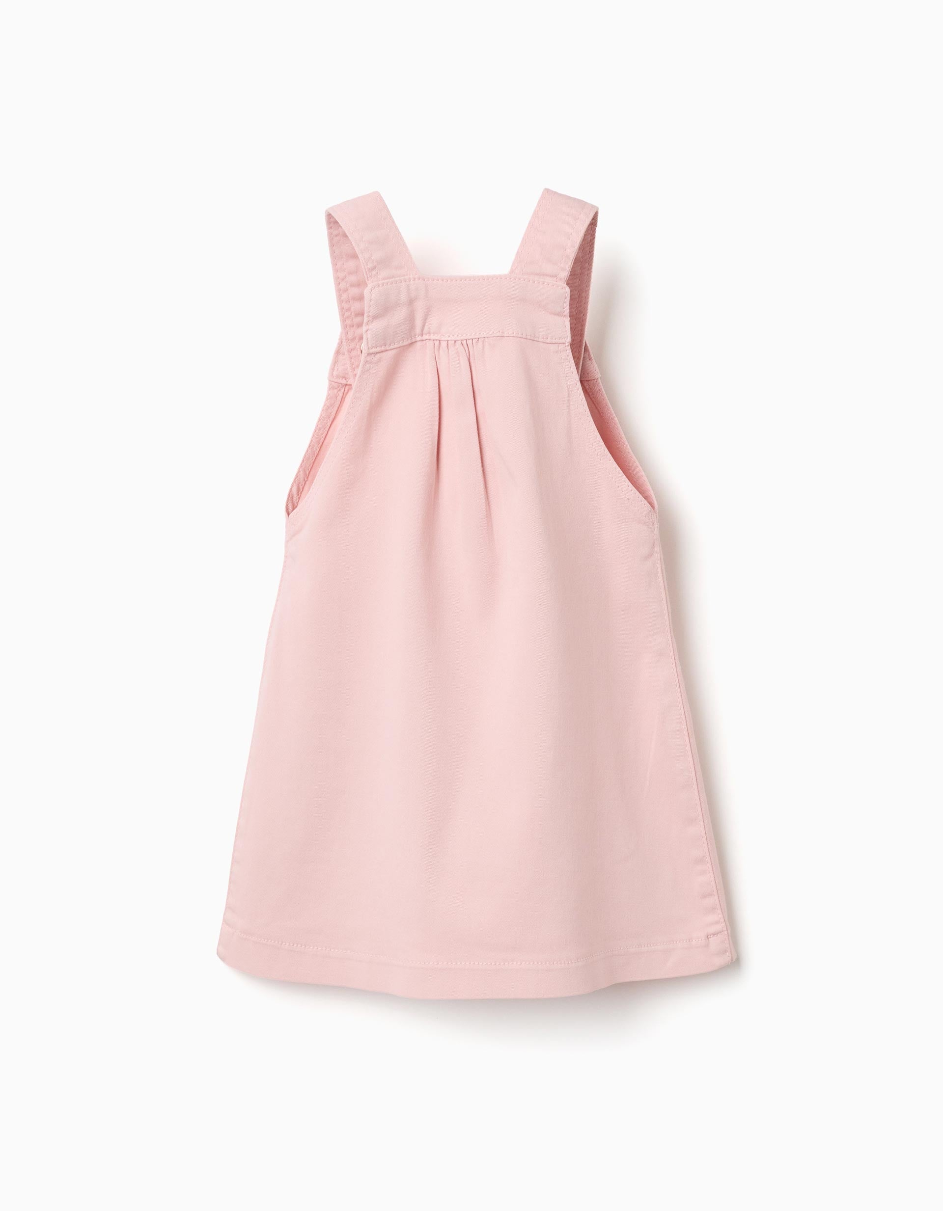 Twill pinafore dress with embroidered flowers for baby girls, pink