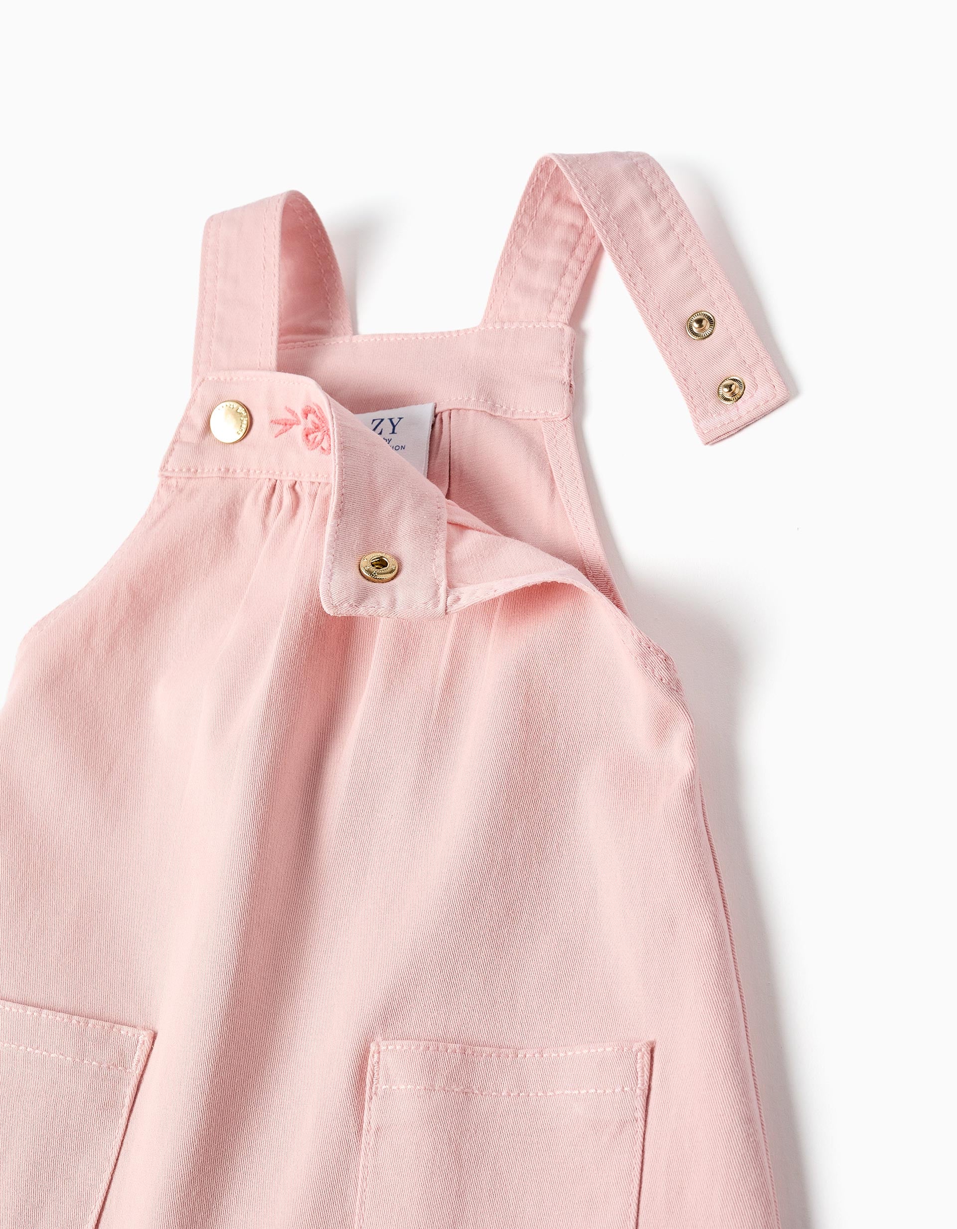 Twill pinafore dress with embroidered flowers for baby girls, pink