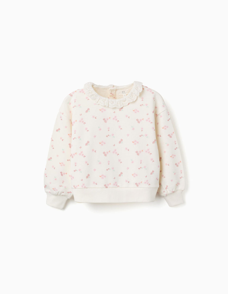 Cotton sweatshirt with floral motif and ruffled collar for girls, white