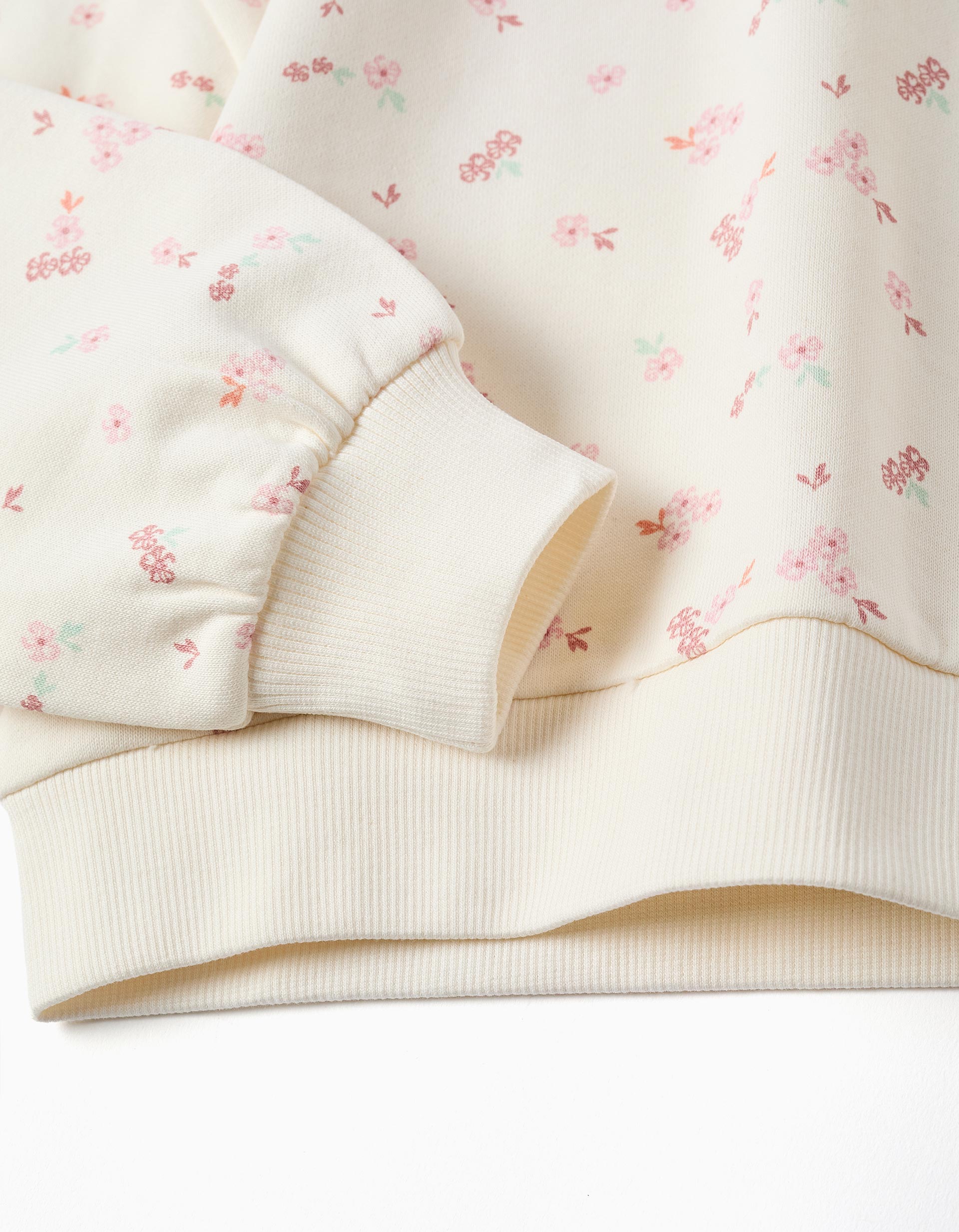 Sweat de algodão com motivo floral e gola de folhos para menina, branco