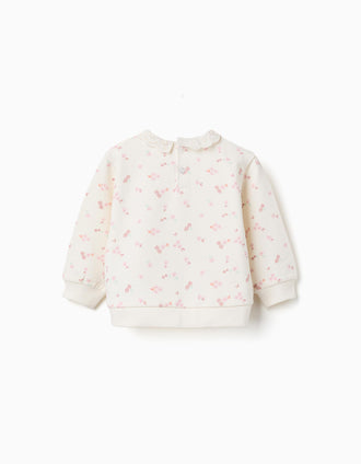 Sweat de algodão com flores e bordado inglês para bebé menina, branco
