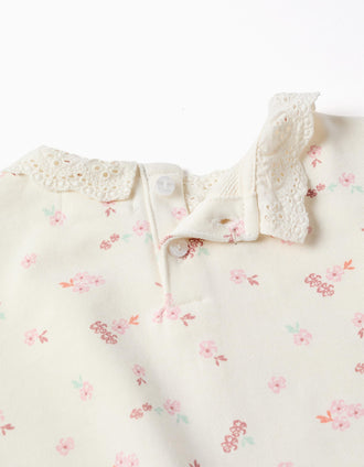 Sweat de algodão com flores e bordado inglês para bebé menina, branco