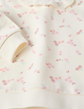 Sweat de algodão com flores e bordado inglês para bebé menina, branco