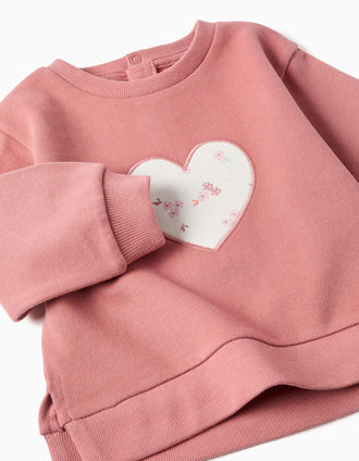 Sweat de algodão com coração bordado para bebé menina, rosa-velho
