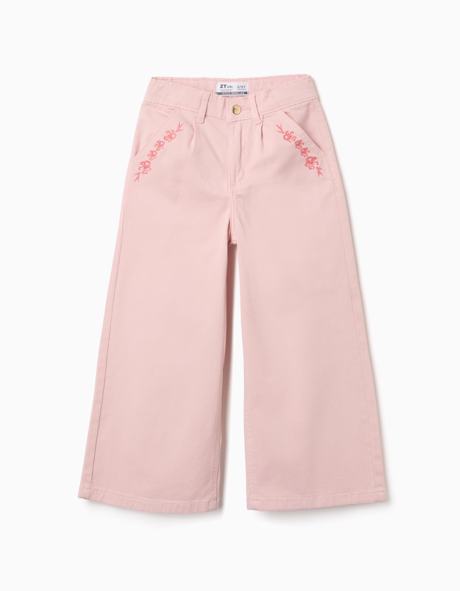 Wide leg twill trousers with embroidered flowers for girls, light pink