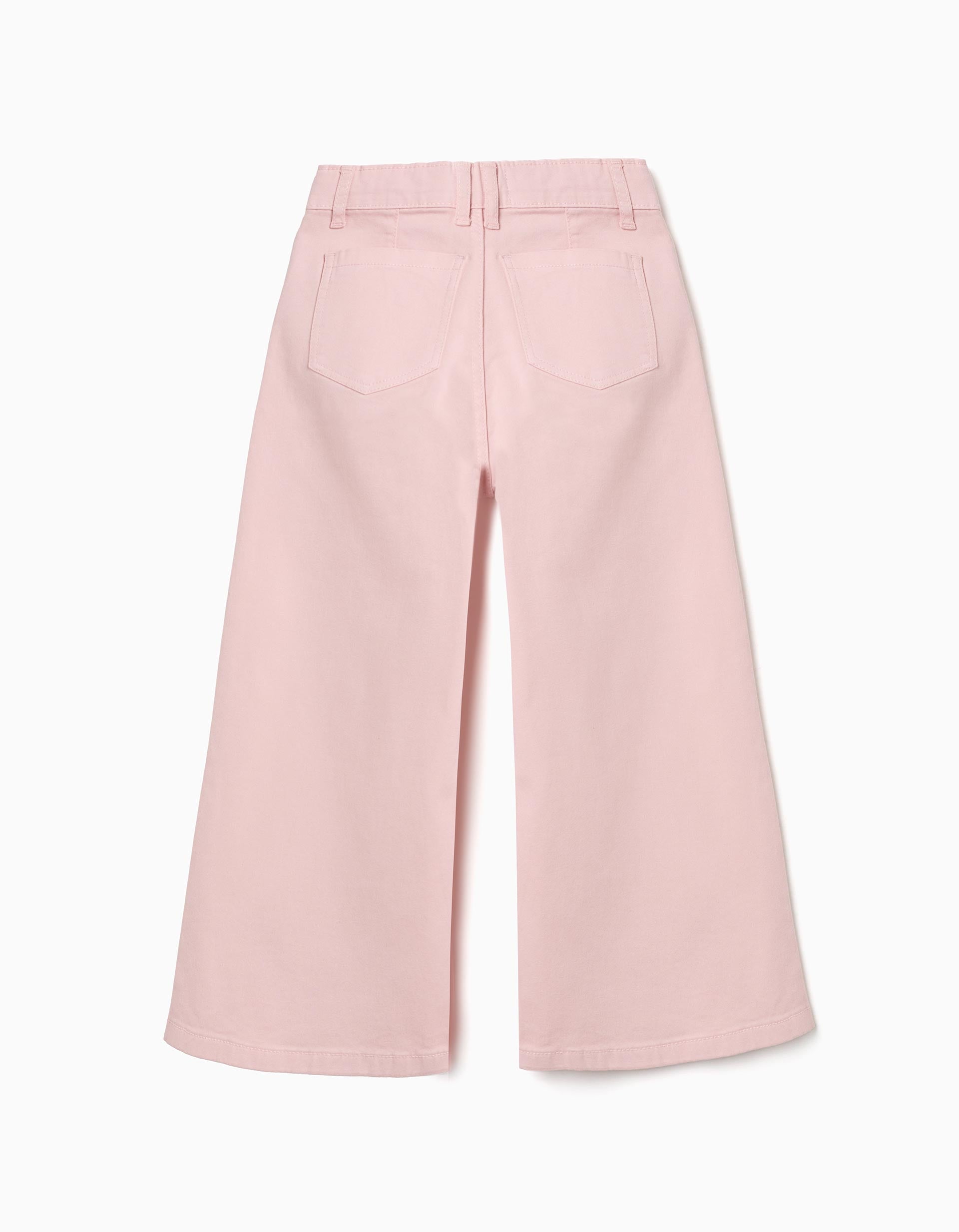 Wide leg twill trousers with embroidered flowers for girls, light pink