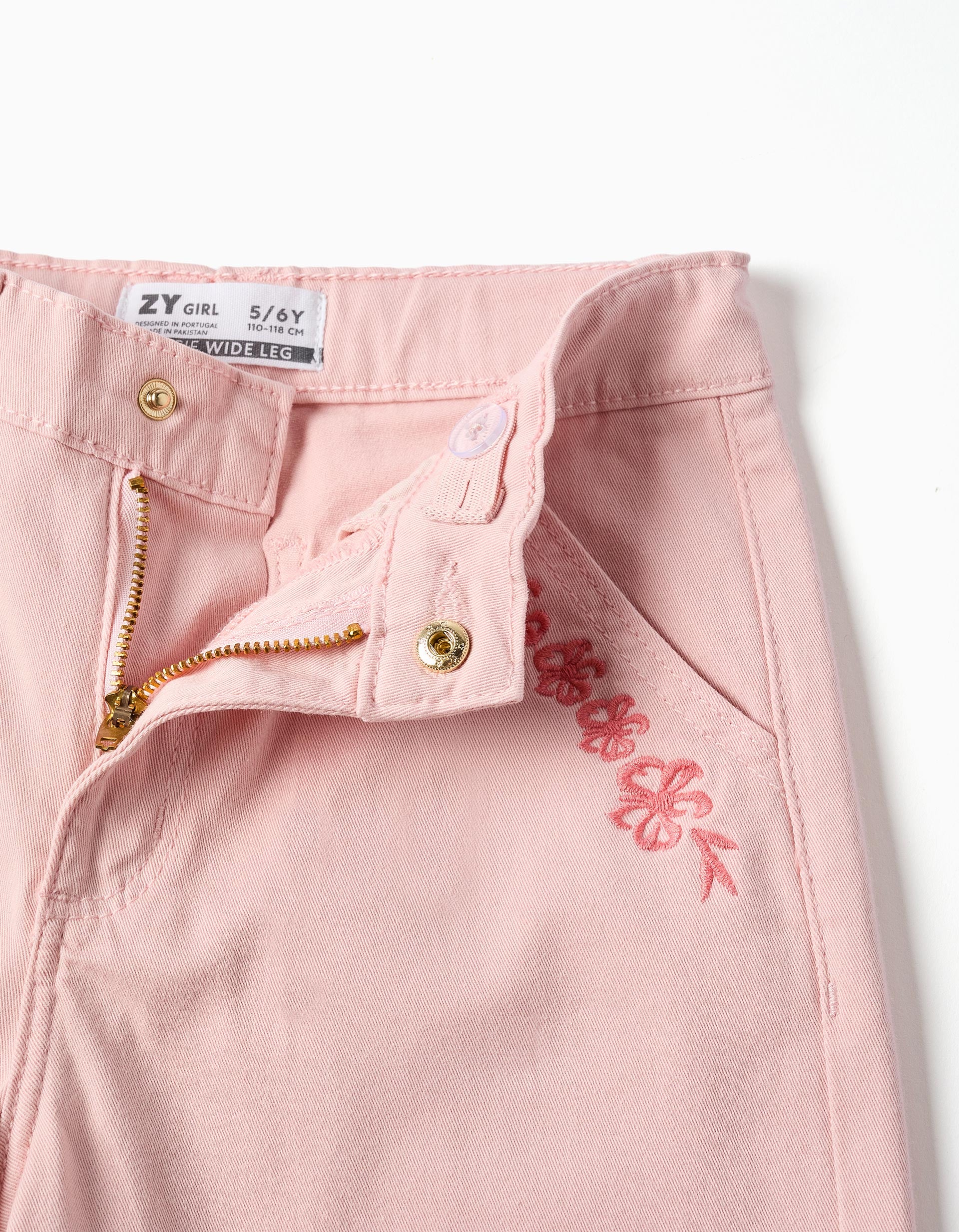 Wide leg twill trousers with embroidered flowers for girls, light pink