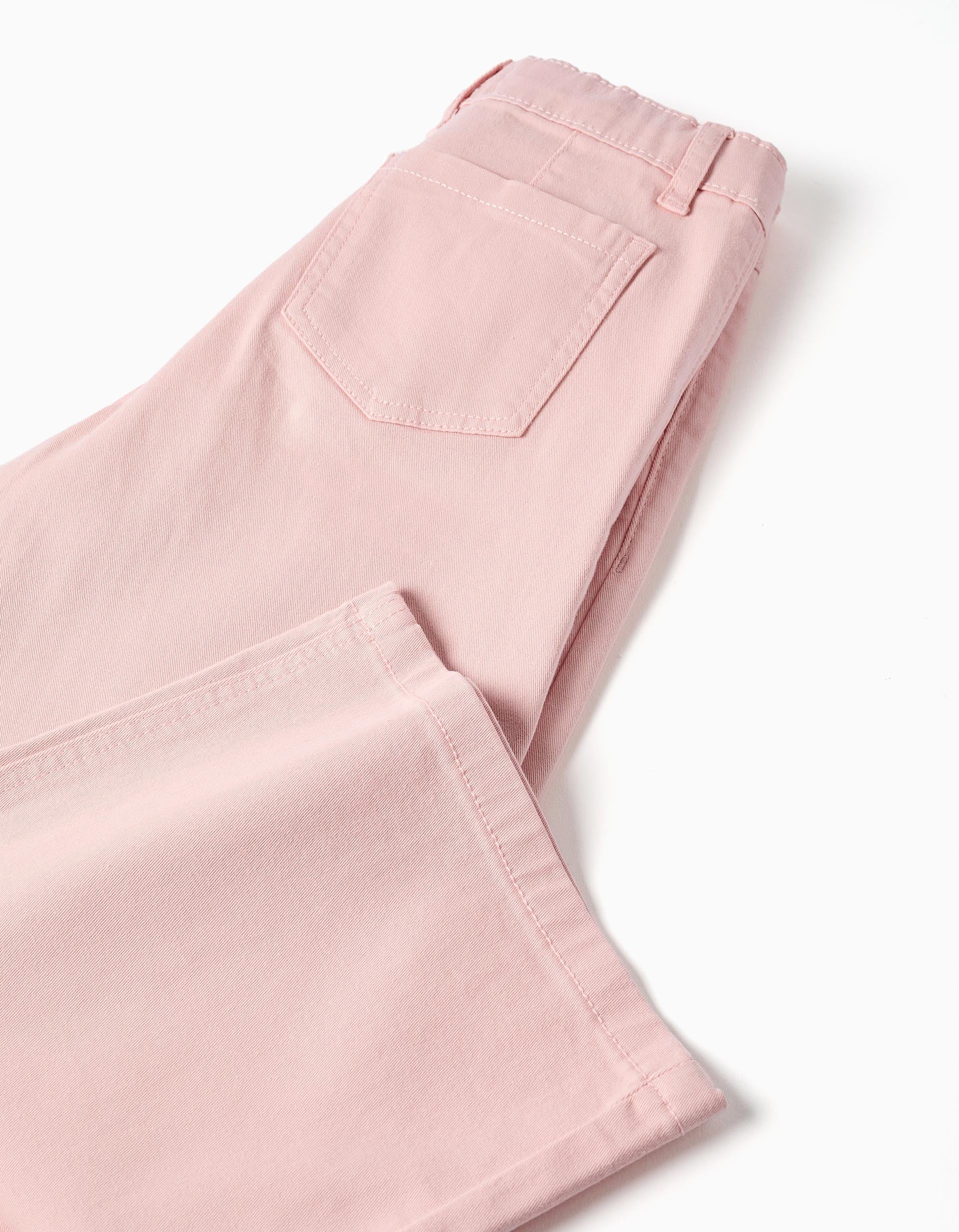 Wide leg twill trousers with embroidered flowers for girls, light pink