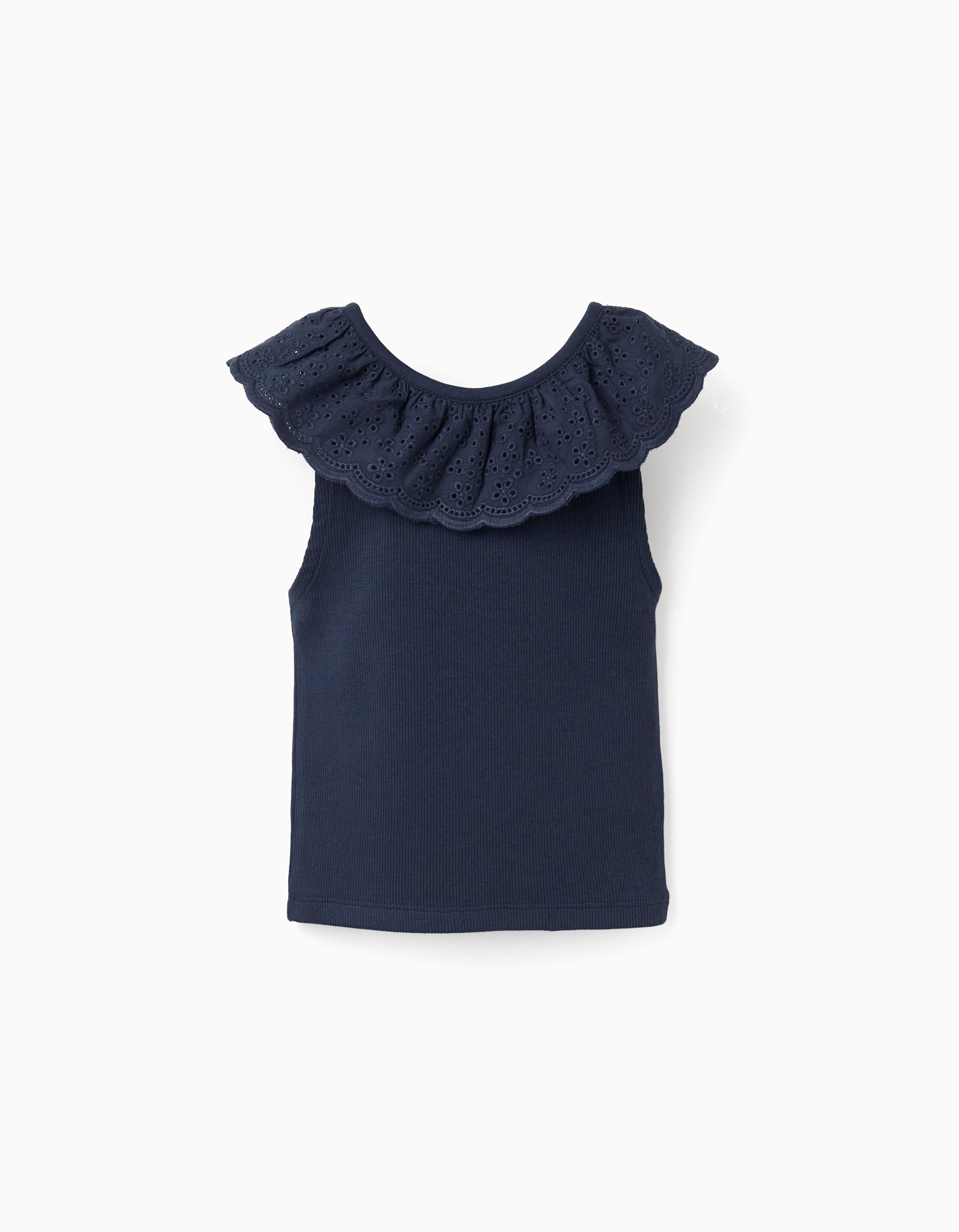T-shirt sans manches en coton avec col brodé pour fille, bleu foncé
