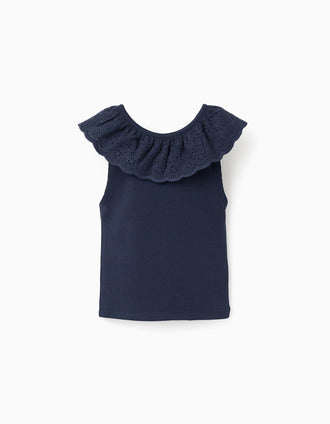 Cotton sleeveless top with embroidered collar for girls, dark blue