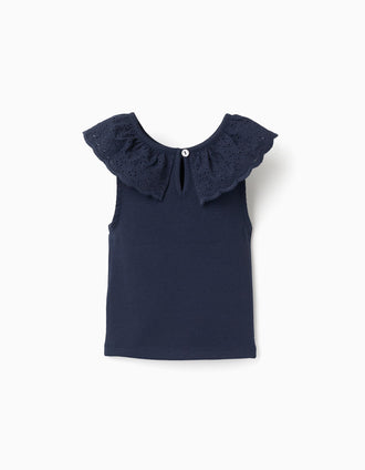 Cotton sleeveless top with embroidered collar for girls, dark blue
