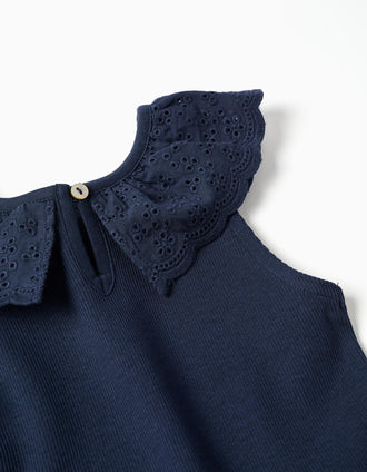 Cotton sleeveless top with embroidered collar for girls, dark blue