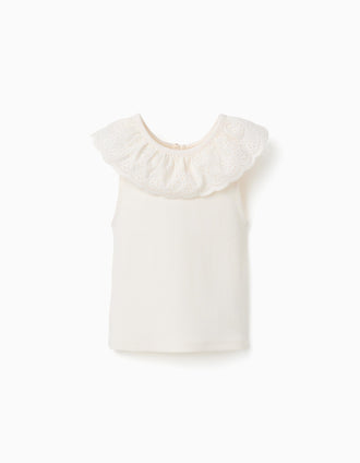 Cotton sleeveless top with embroidered collar for girls, white