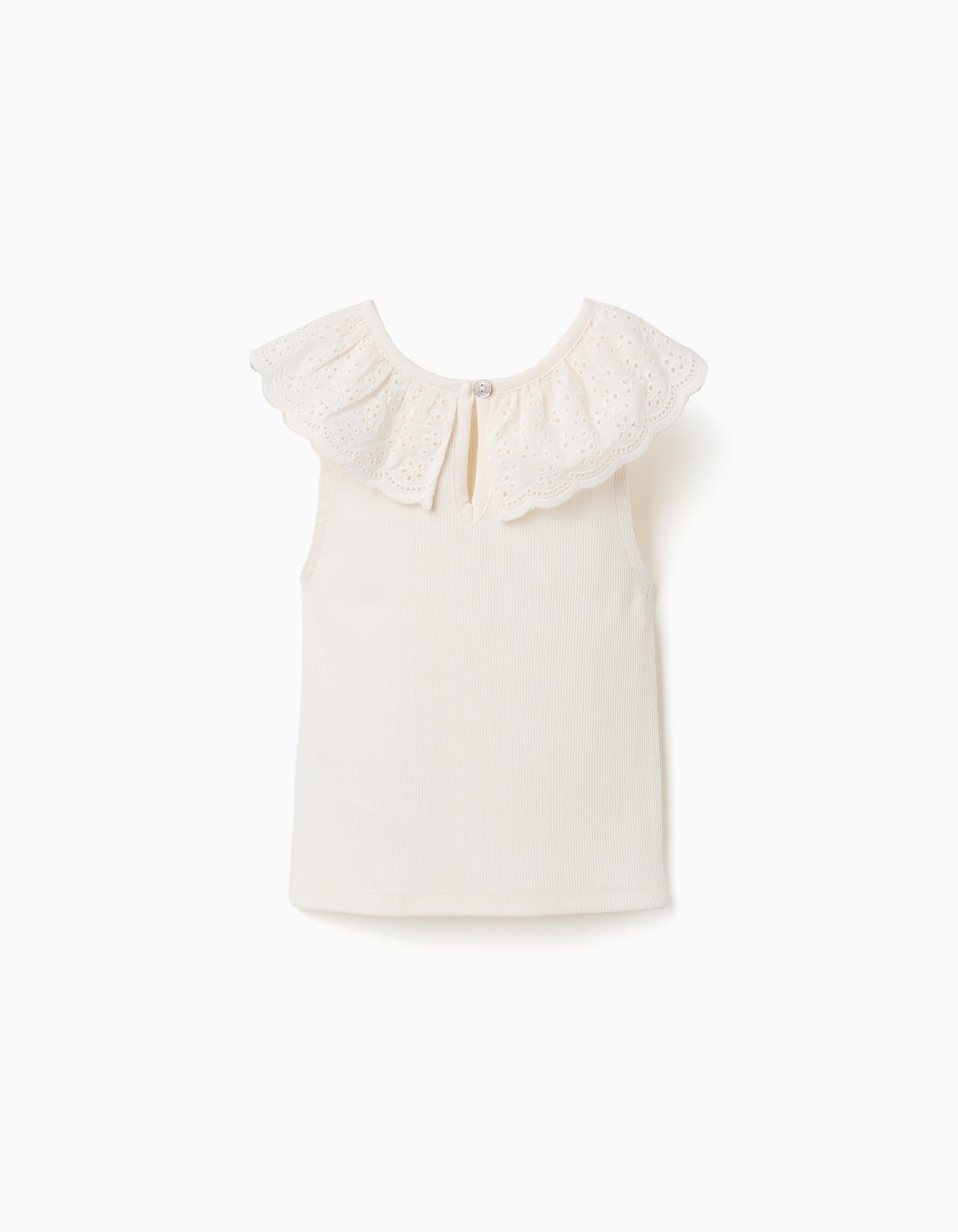 T-shirt sans manches en coton avec col brodé pour fille, blanc