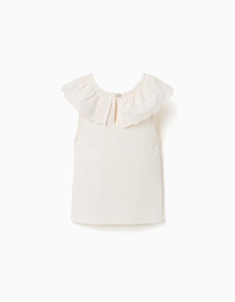 Cotton sleeveless top with embroidered collar for girls, white