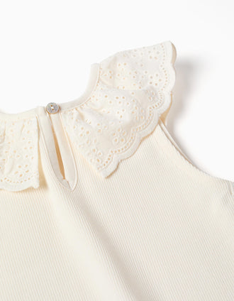 Cotton sleeveless top with embroidered collar for girls, white