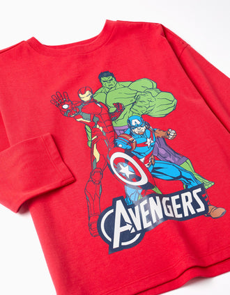 Long sleeve cotton T-shirt with Avengers print for boys, red