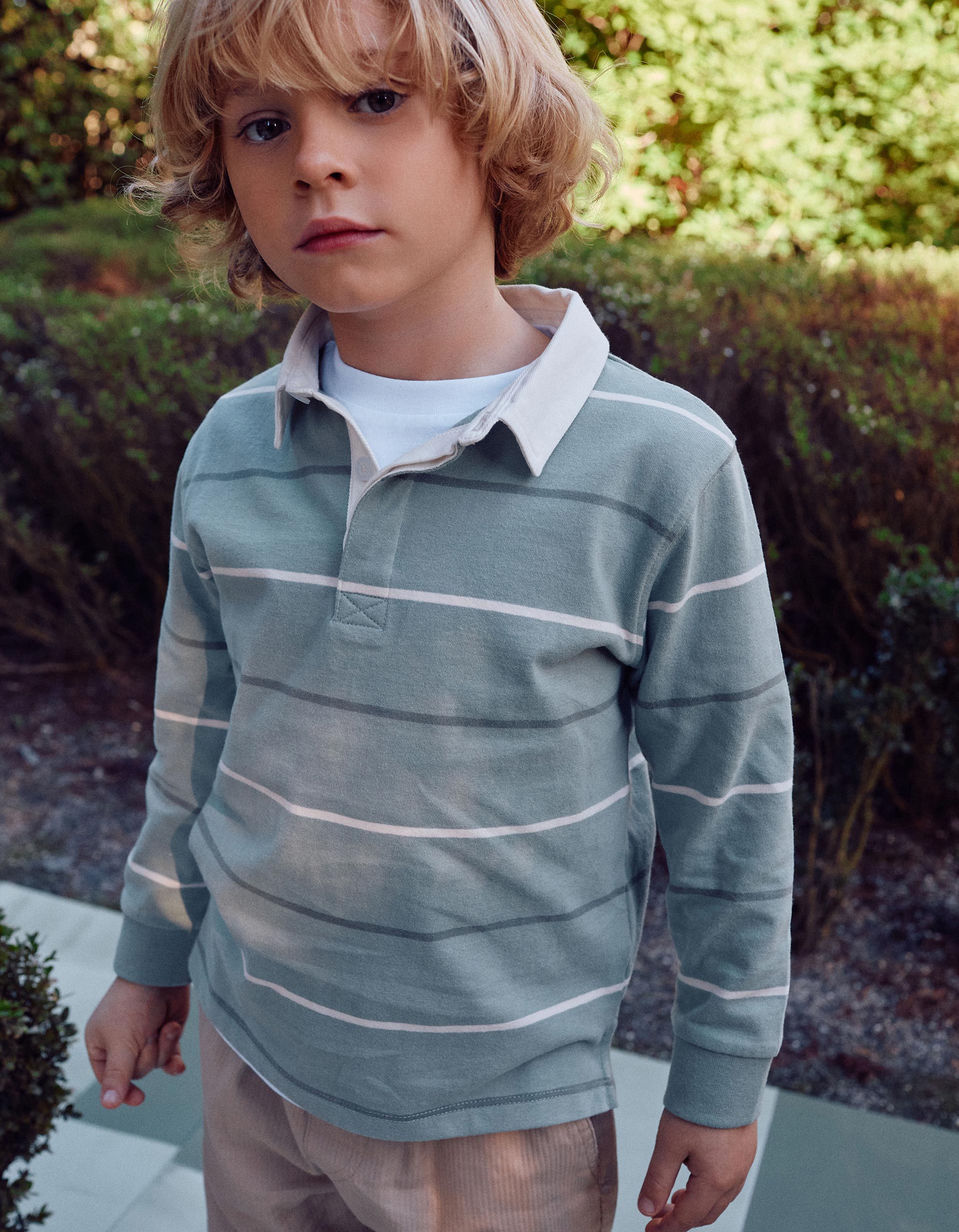 Long sleeve cotton polo shirt with stripes B&S for boys, green/white