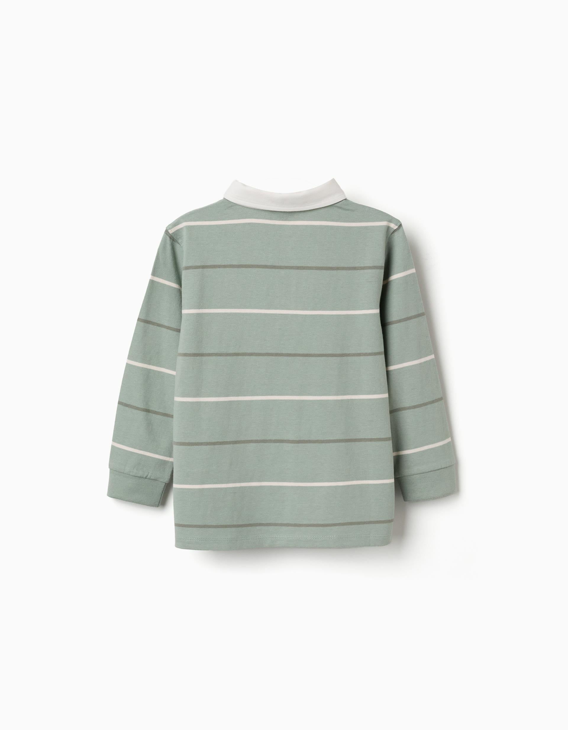 Polo de manga larga de algodón a rayas B&S para niño, verde/blanco