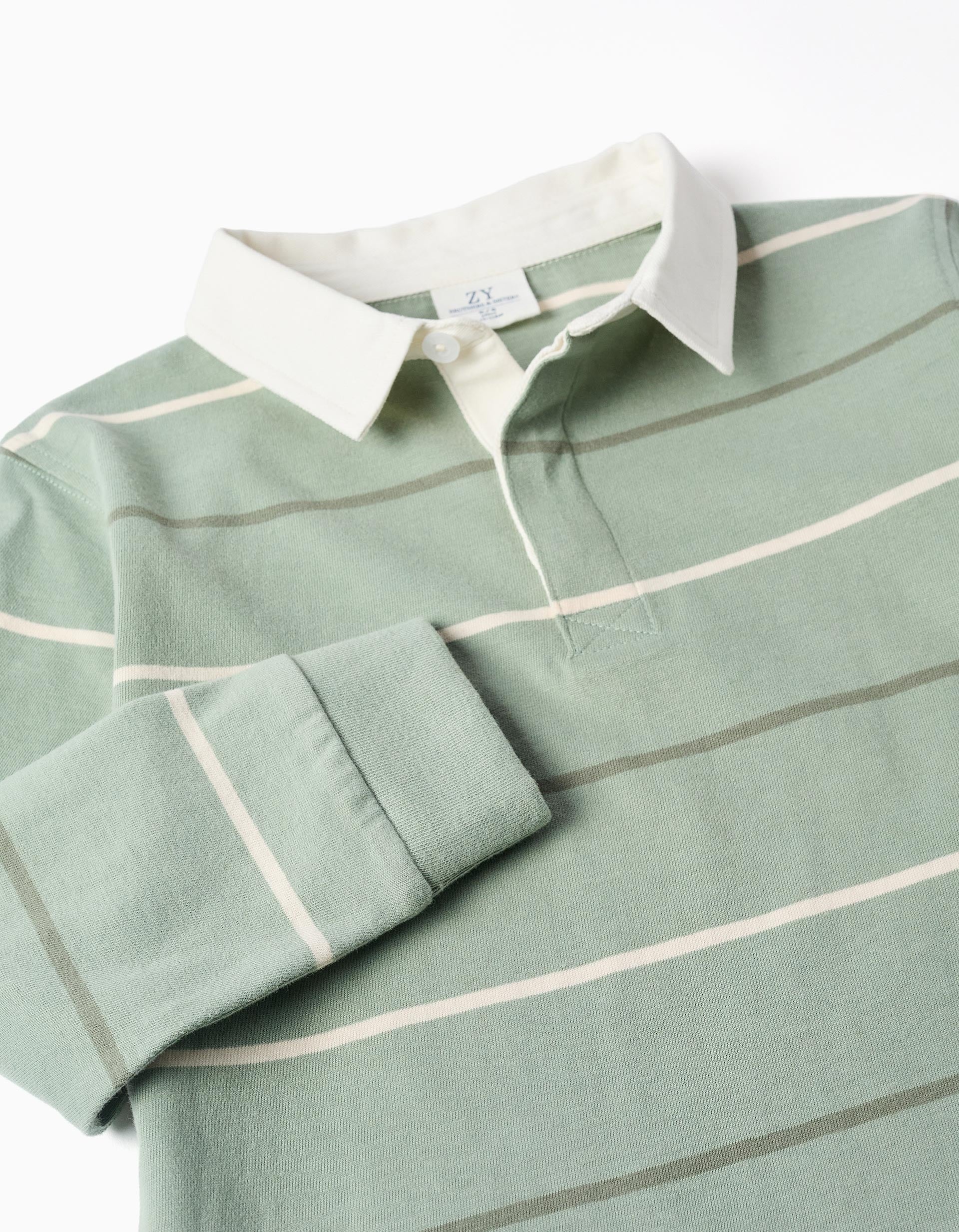Polo de manga larga de algodón a rayas B&S para niño, verde/blanco