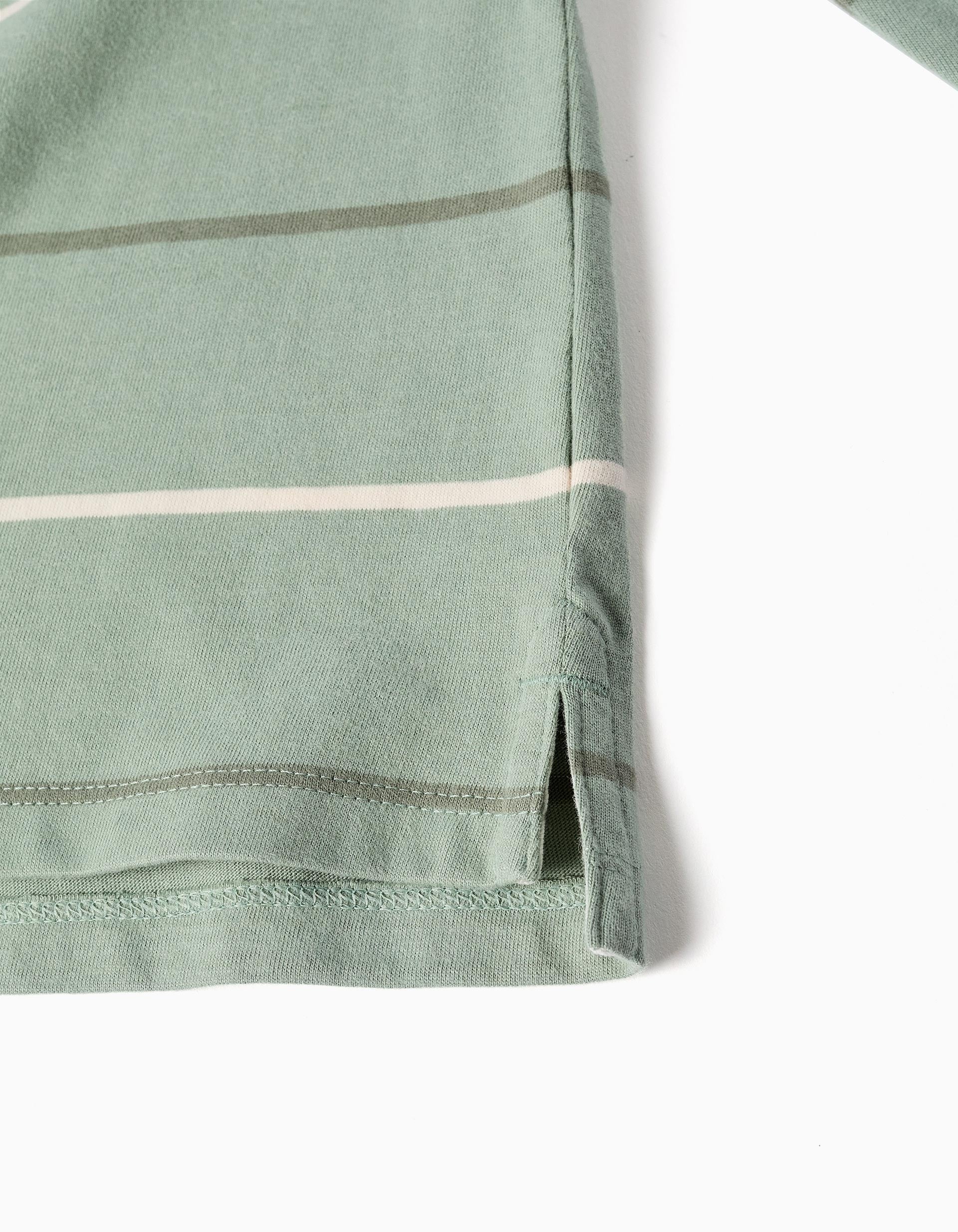 Polo de manga larga de algodón a rayas B&S para niño, verde/blanco