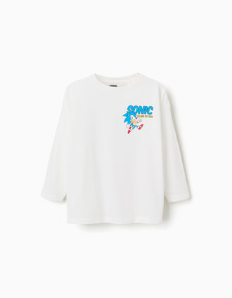 T-shirt de algodão com estampados do Sonic para menino, branco