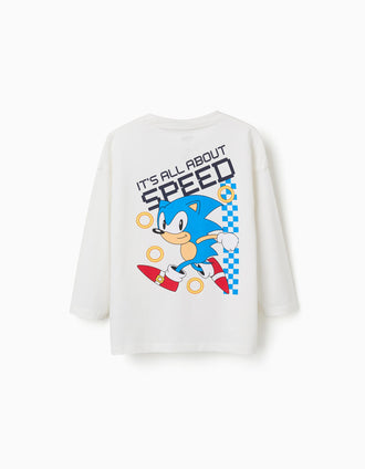 T-shirt de algodão com estampados do Sonic para menino, branco