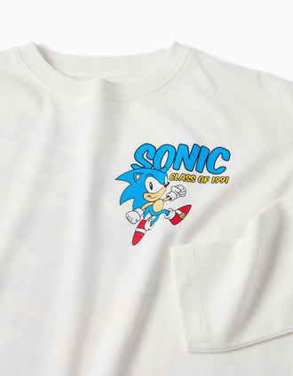 T-shirt de algodão com estampados do Sonic para menino, branco