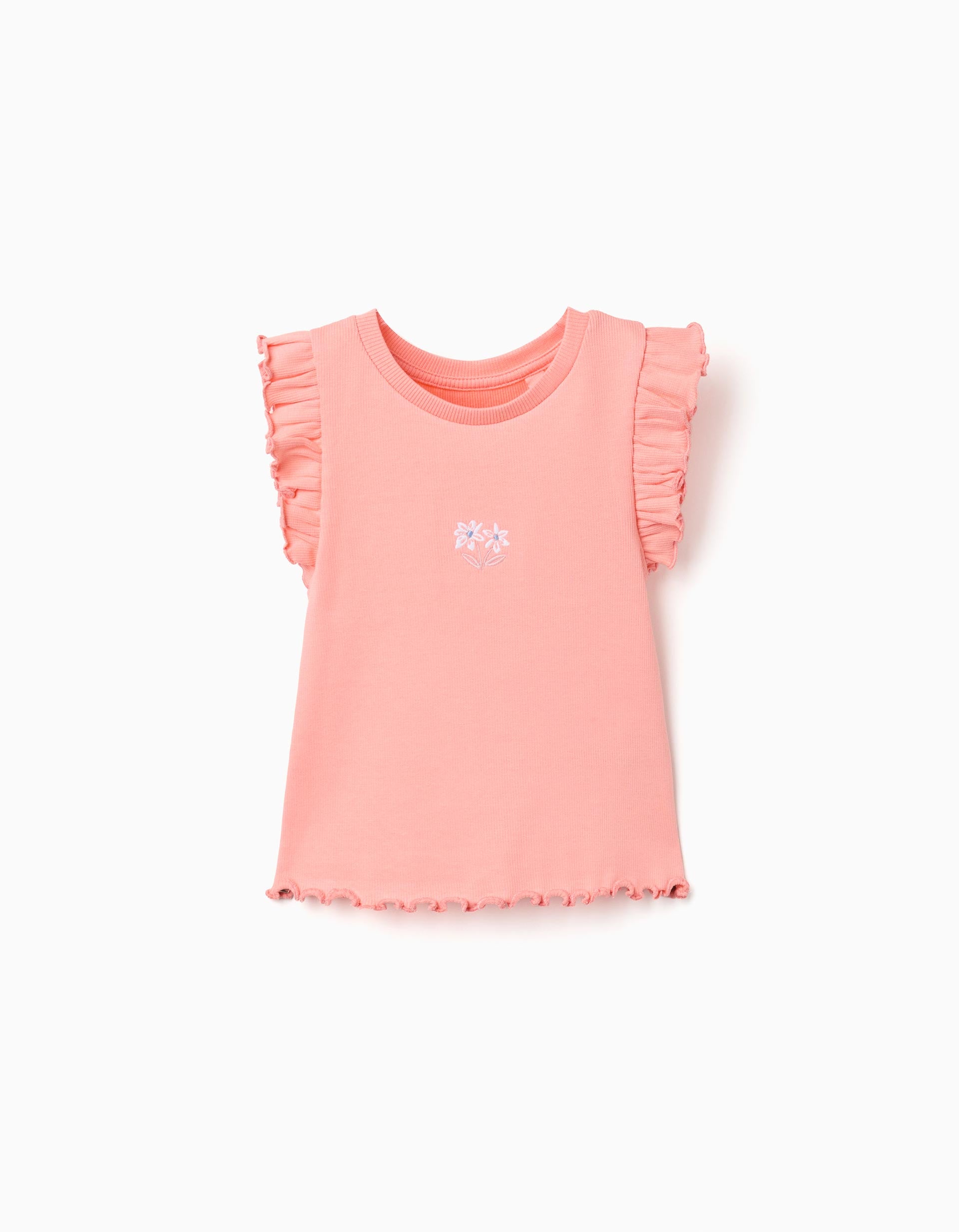 T-shirt en coton côtelé avec volants et fleurs pour fille, orange saumon
