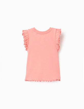 Ribbed cotton T-shirt with ruffles and flowers for girls, salmon orange