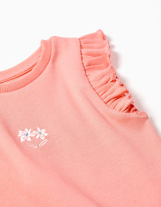 Ribbed cotton T-shirt with ruffles and flowers for girls, salmon orange