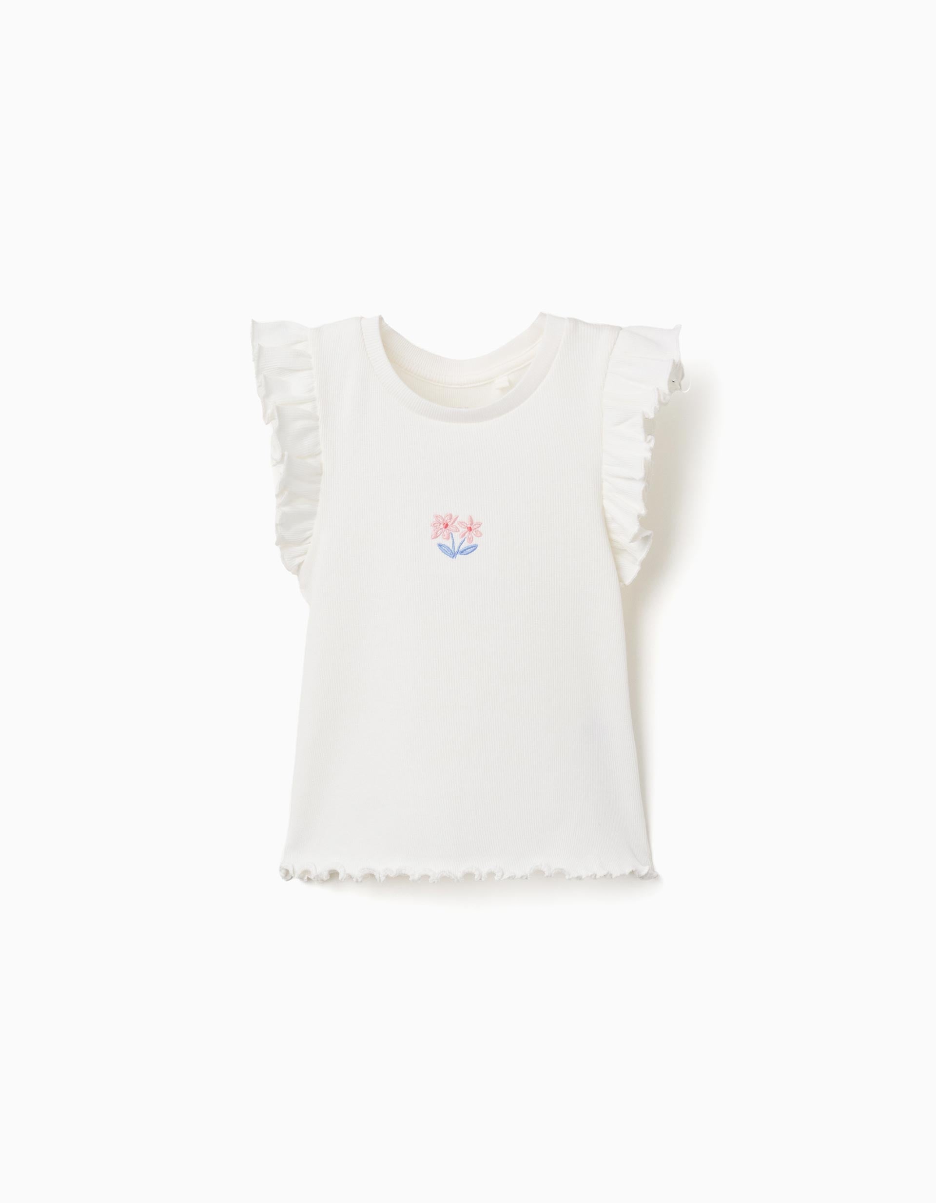 T-shirt en coton côtelé avec volants et fleurs pour fille, blanc