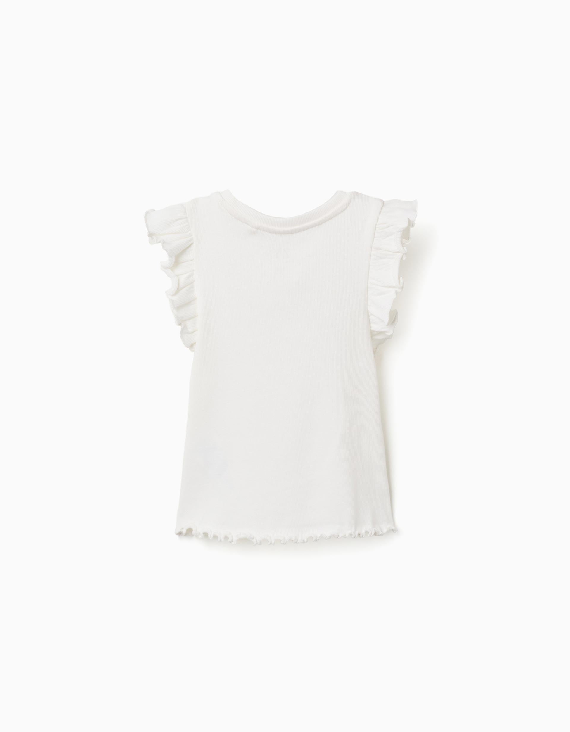 T-shirt en coton côtelé avec volants et fleurs pour fille, blanc