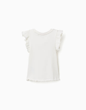 Ribbed cotton T-shirt with ruffles and flowers for girls, white