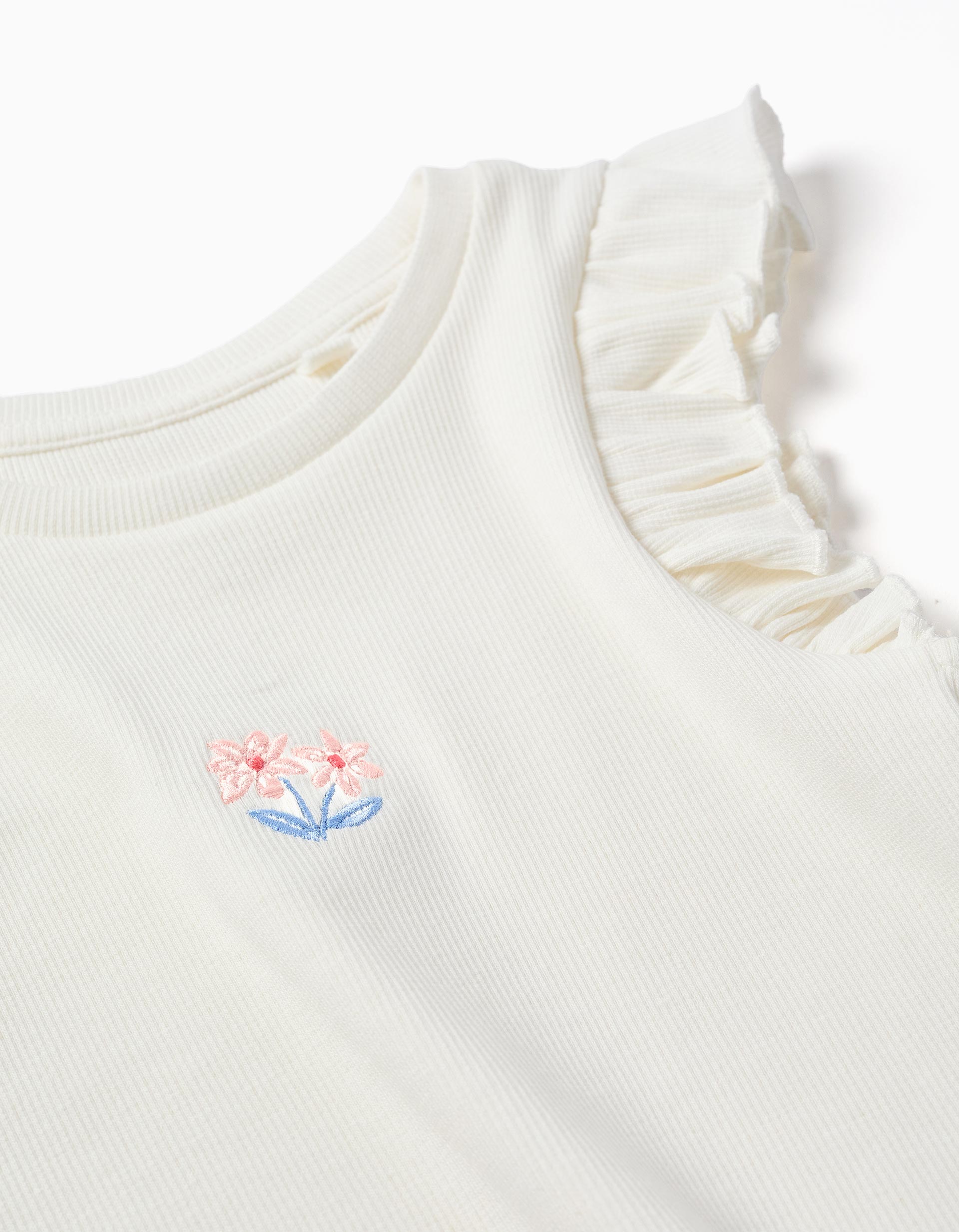 T-shirt en coton côtelé avec volants et fleurs pour fille, blanc