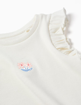Ribbed cotton T-shirt with ruffles and flowers for girls, white