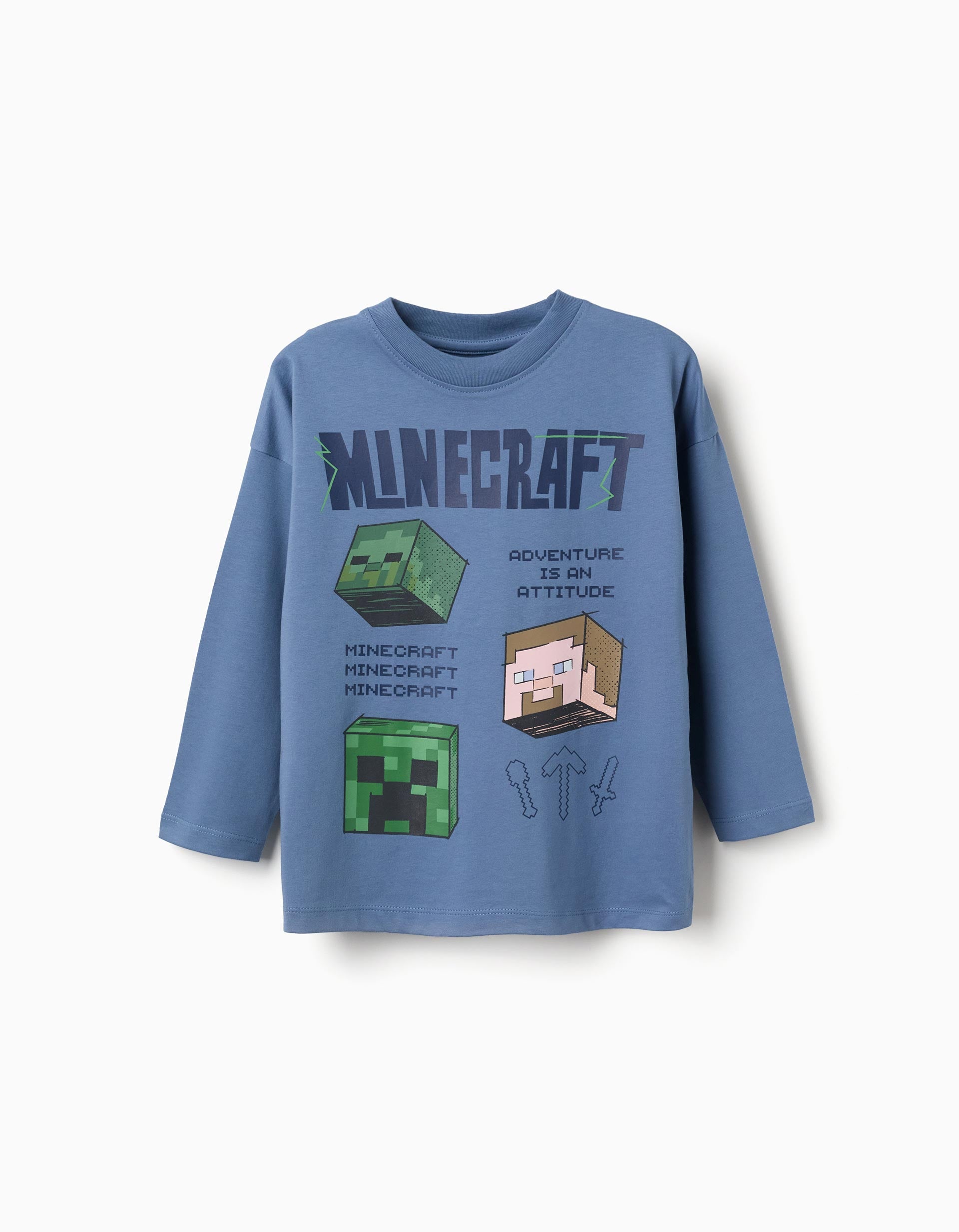 Long sleeve cotton T-shirt with Minecraft front print for boys, blue