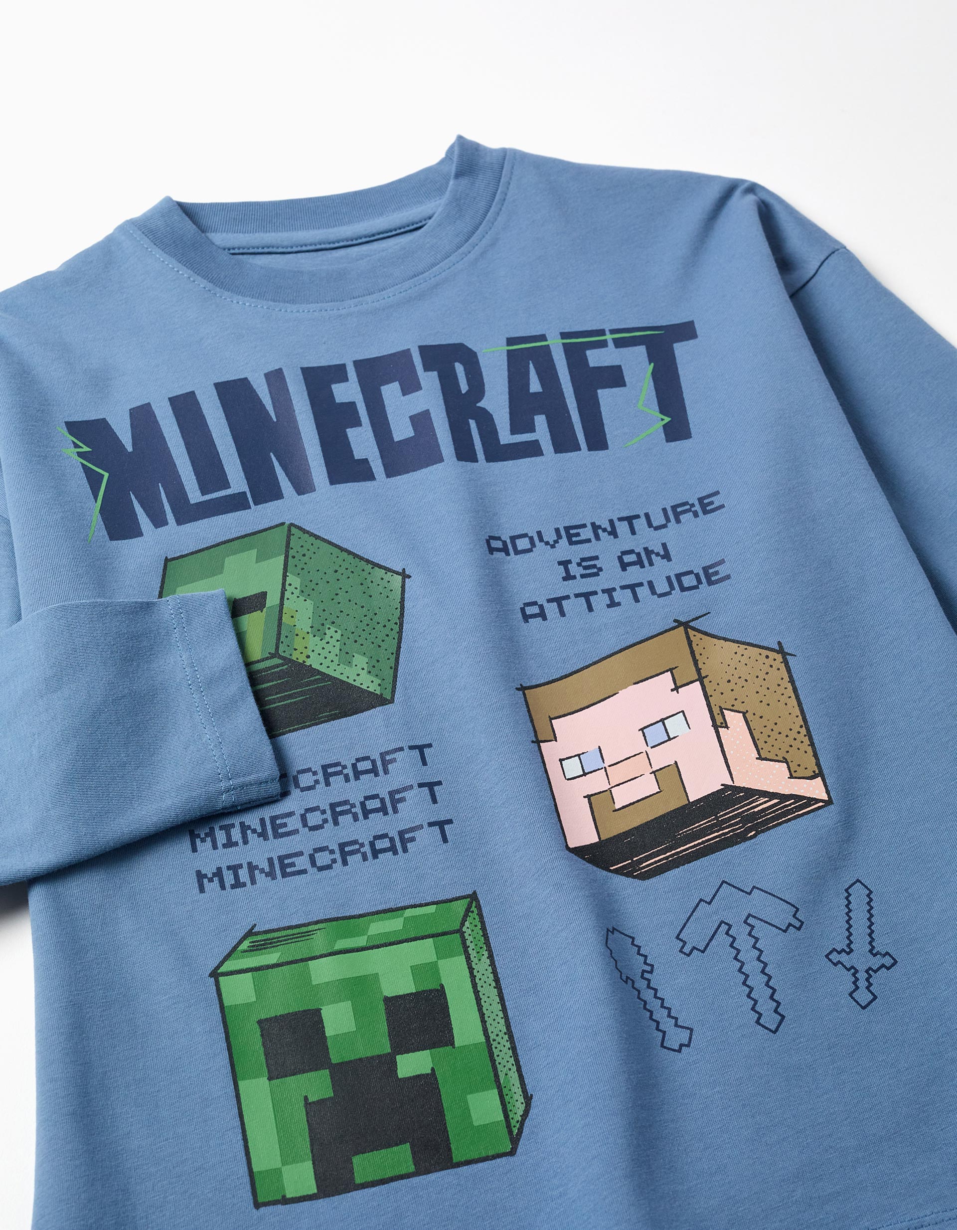 Long sleeve cotton T-shirt with Minecraft front print for boys, blue