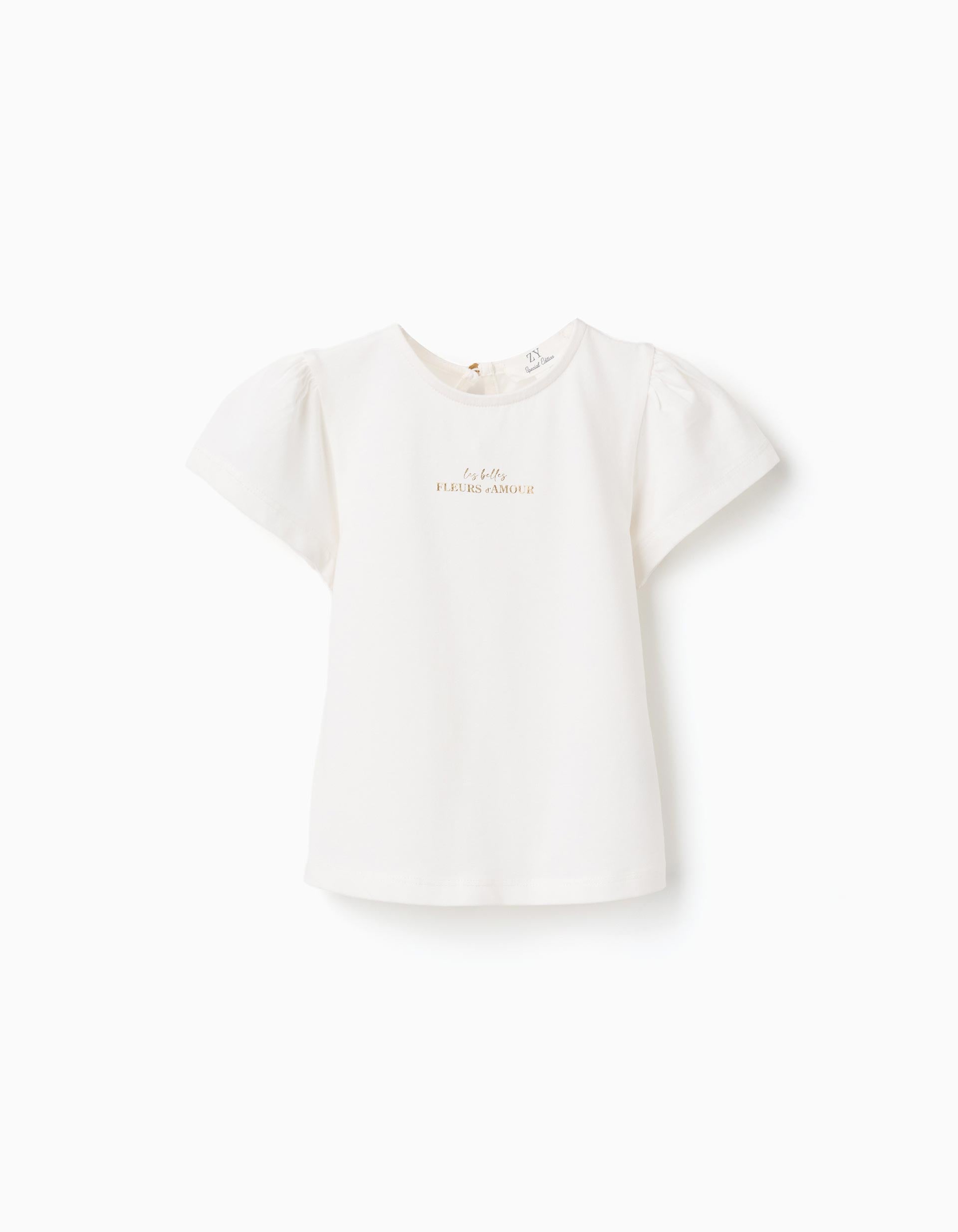 T-shirt with Fleurs d'Amour print for baby girls, white/golden