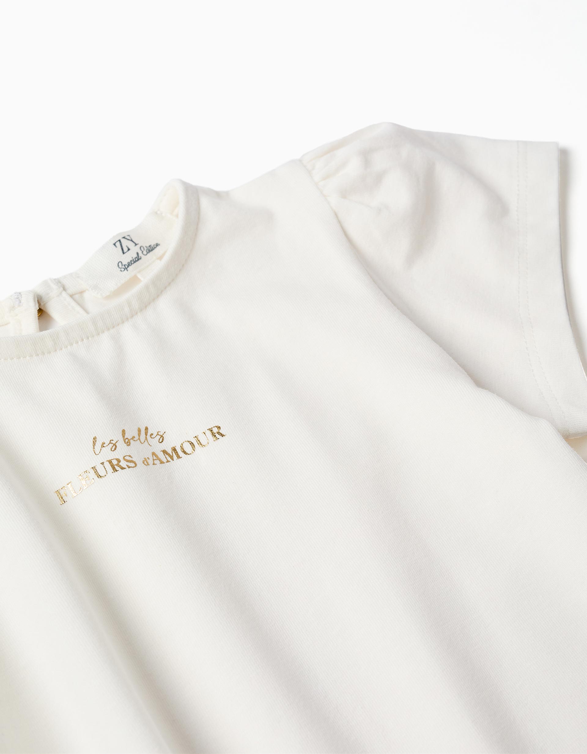 T-shirt with Fleurs d'Amour print for baby girls, white/golden