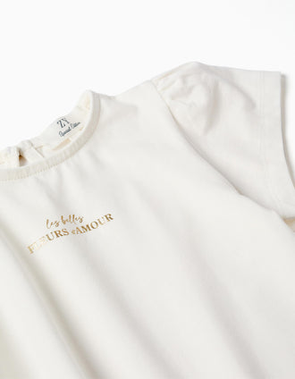 T-shirt with Fleurs d'Amour print for baby girls, white/golden