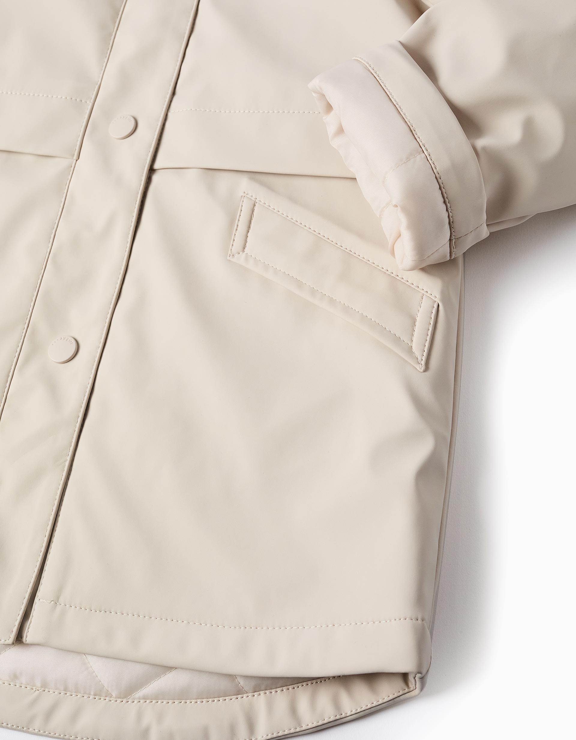 Parka de borracha acolchoada com capuz e forro para menina, bege-claro