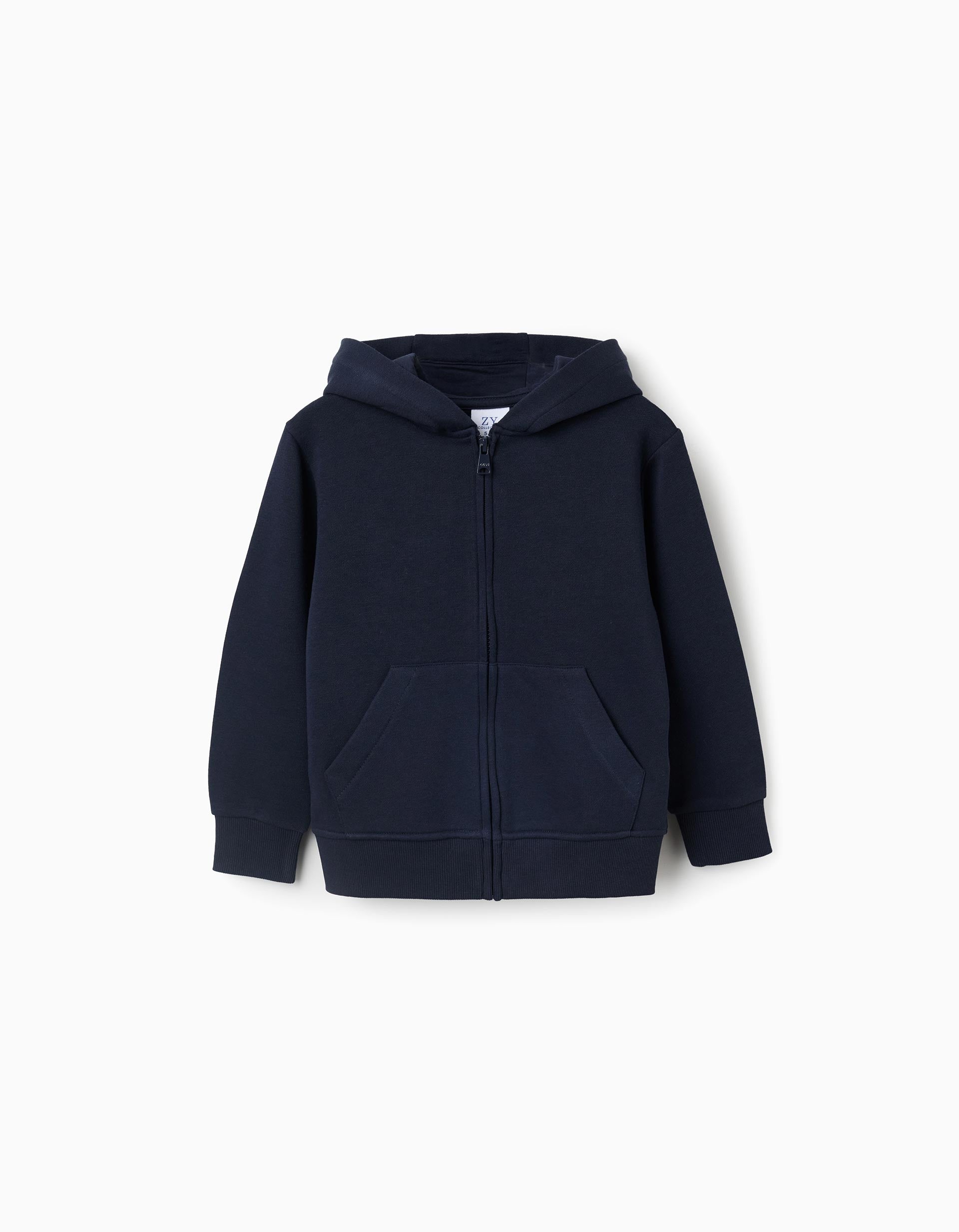 Hooded fleece jacket with pockets for boys, dark blue