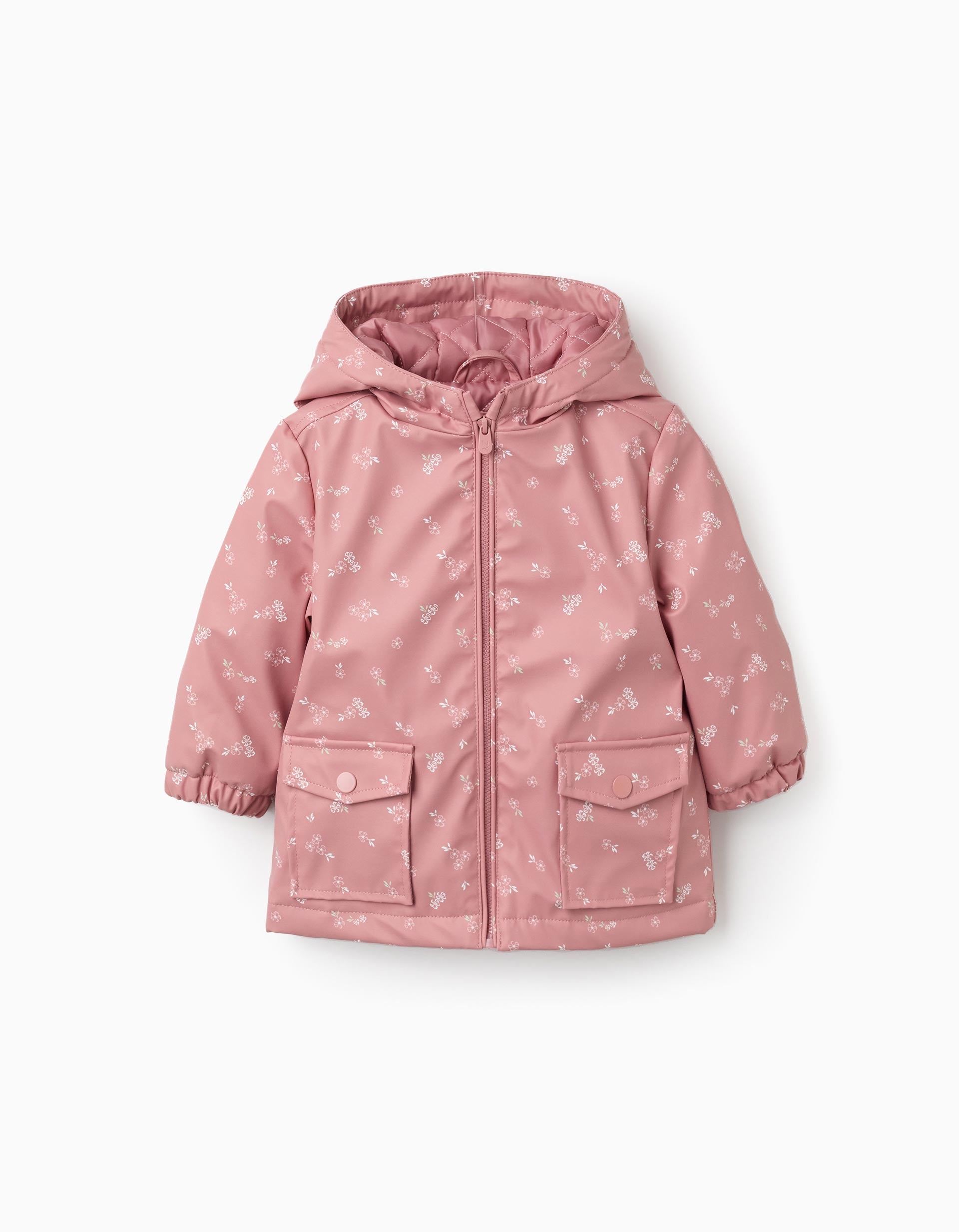 Padded rubber parka with hood for baby girls, pink